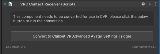 Example of a VRC component with its per-component conversion button in the inspector
