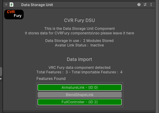 DSU component showing detected VRCFury features ready for import