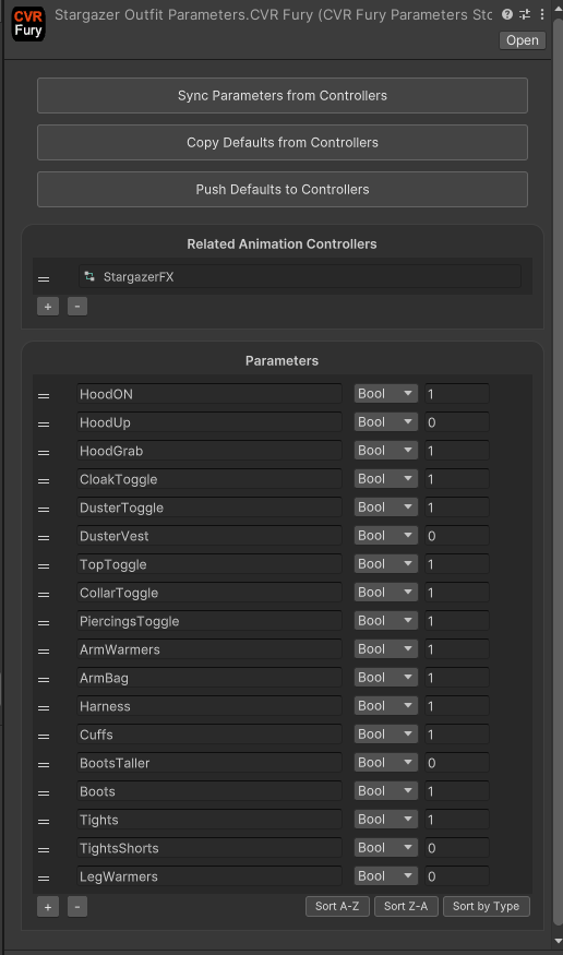 CVRFury parameter list component inspector after conversion