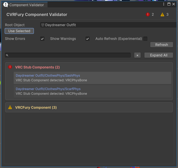 CVRFury Validator window showing VRC component warnings